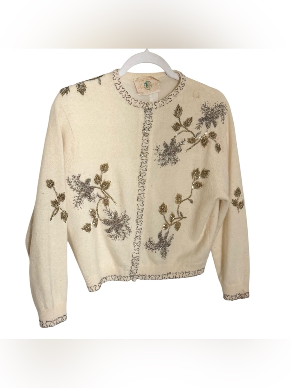 Gene Shelly Miss Boutique Wool Angora Knit Cardigan Sweater Ivory Beaded Floral